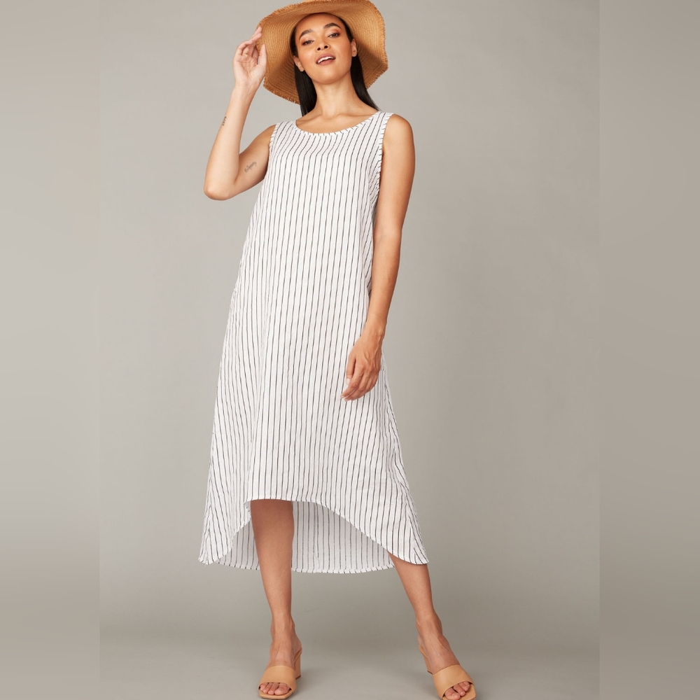 New PISTACHE Pure Linen White + Black Pinstripe Sleeveless Sheath Dress L XL